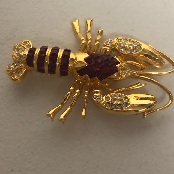 Nolan Miller Red Ruby Lobster Brooch Pin Crystal Rhinestones - Picture 3 of 9